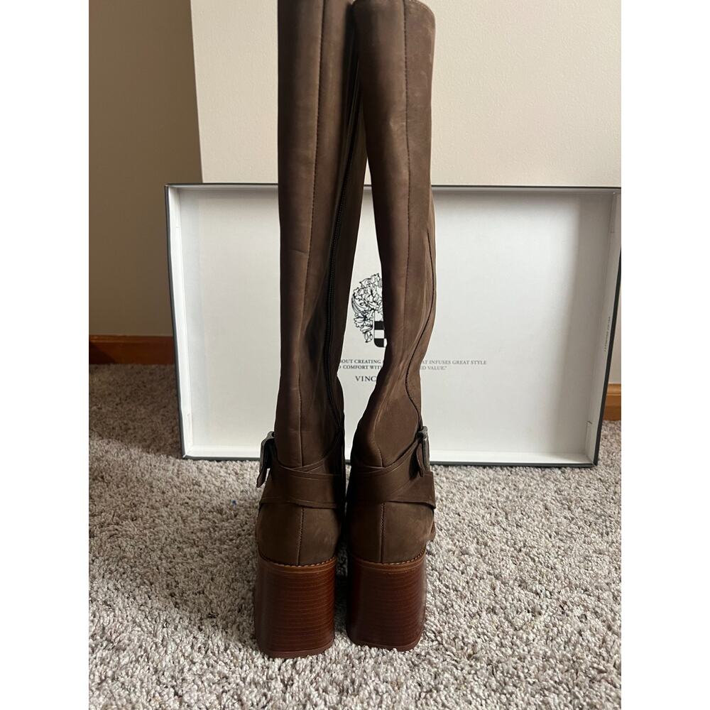 New Vince Camuto Wide Calf Tall Boots Square Toe 9.5 Mink Suede Prep Chunky Heel - Picture 3 of 7